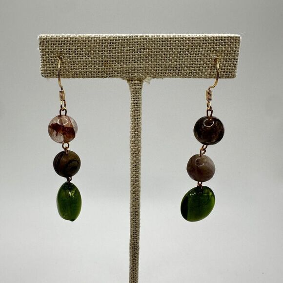 2.5" Green glass and agate stone dangle earrings with gold over 925 hooks! - Picture 6 of 14